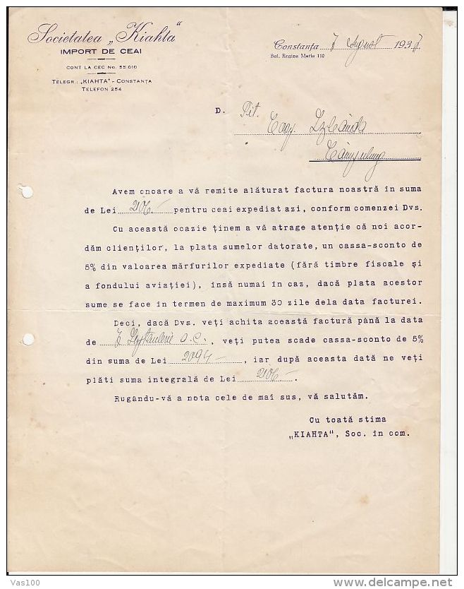 OFFICIAL COMMERCIAL LETTER, TEA IMPORT, CONSTANTA-CAMPULUNG MOLDOVENESC, BUKOVINA, 1937, ROMANIA - Autres & Non Classés