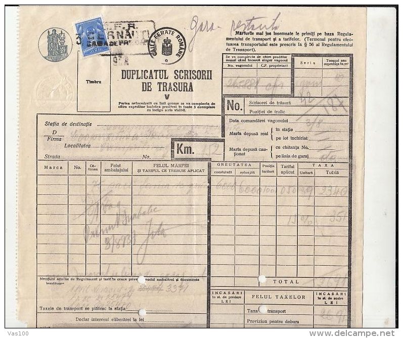 AVIATION STAMP, WAYBILL, TRAIN TRANSPORT, CAMPULUNG MOLDOVENESC, BUKOVINA, 1937, ROMANIA - Lettres & Documents