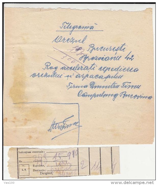 TELEGRAMME DUPLICATE, COPIER PAPER, RECEIPT, CAMPULUNG MOLDOVENESC, BUKOVINA, ABOUT 1944, ROMANIA - Télégraphes