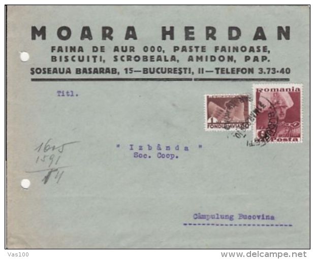 KING CHARLES II, AVIATION, STAMPS ON HERDAN MILL HEADER COVER, CAMPULUNG MOLDOVENESC, BUKOVINA, 1938, ROMANIA - Lettres & Documents