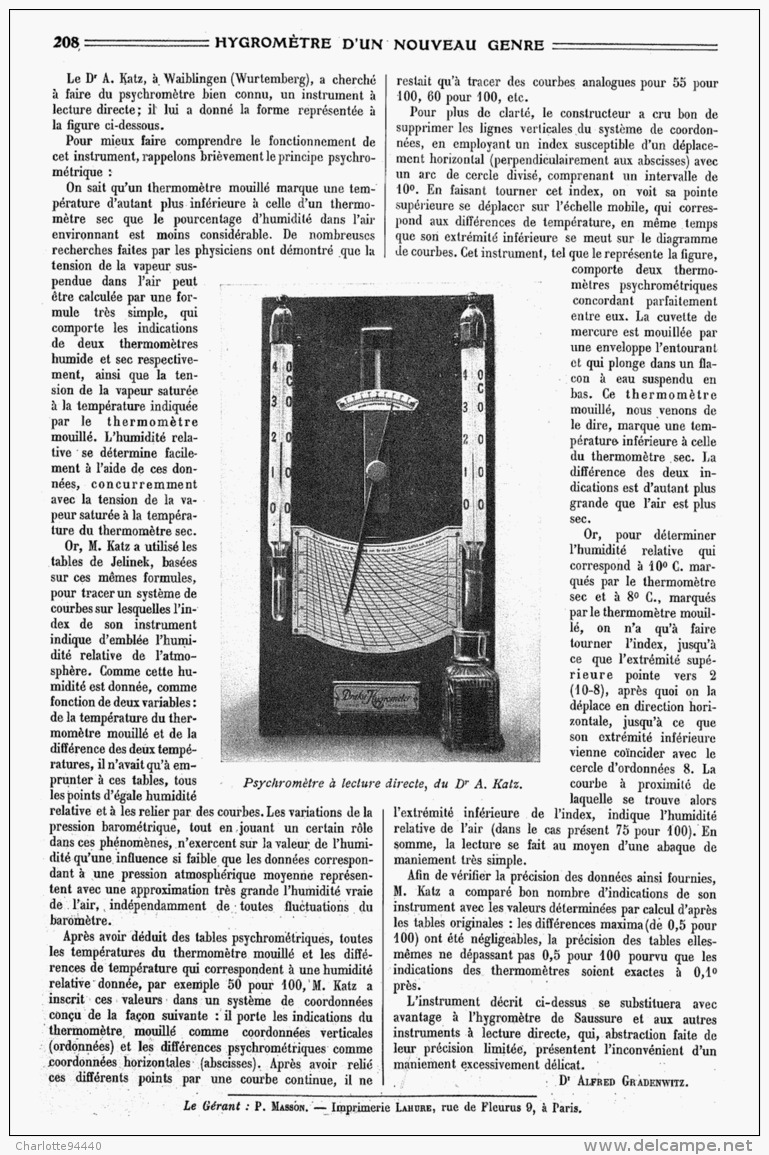 UN HYGROMETRE D'UN NOUVEAU GENRE    1910 - Autres & Non Classés