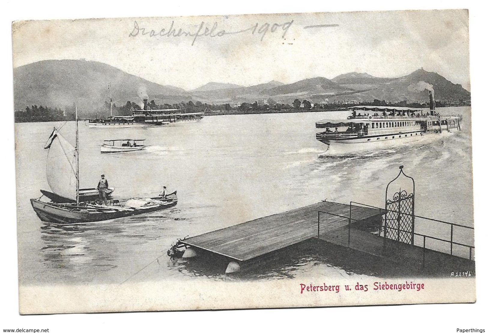 Early Postcard, Germany, Petersberg U. Das Siebengebirge, Steam Boat, Landing Bay, 1909. - Petersberg