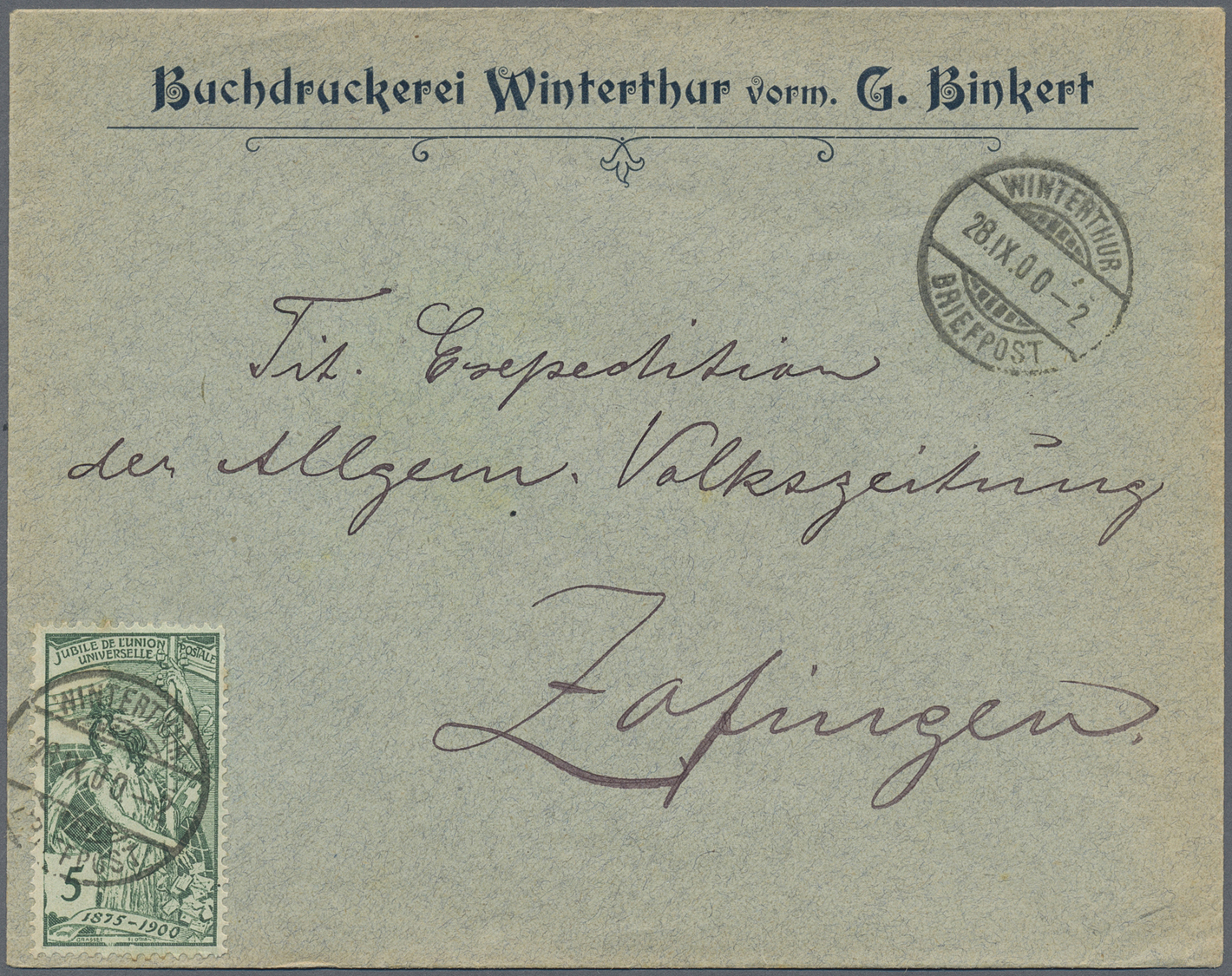 Br/GA Schweiz: 1900, UPU-Ausgabe 5 C. grün und 10 C. rot Bestand von ca. 290 Briefen, ca. 40 Ansichtskarte