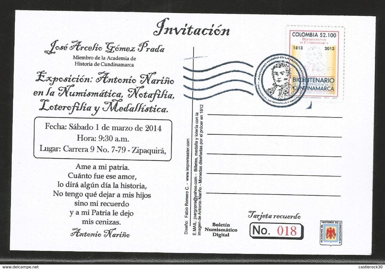 J) 2014 COLOMBIA, INVITATION, BILLS AND COINS, POSTCARD, XF - Colombie