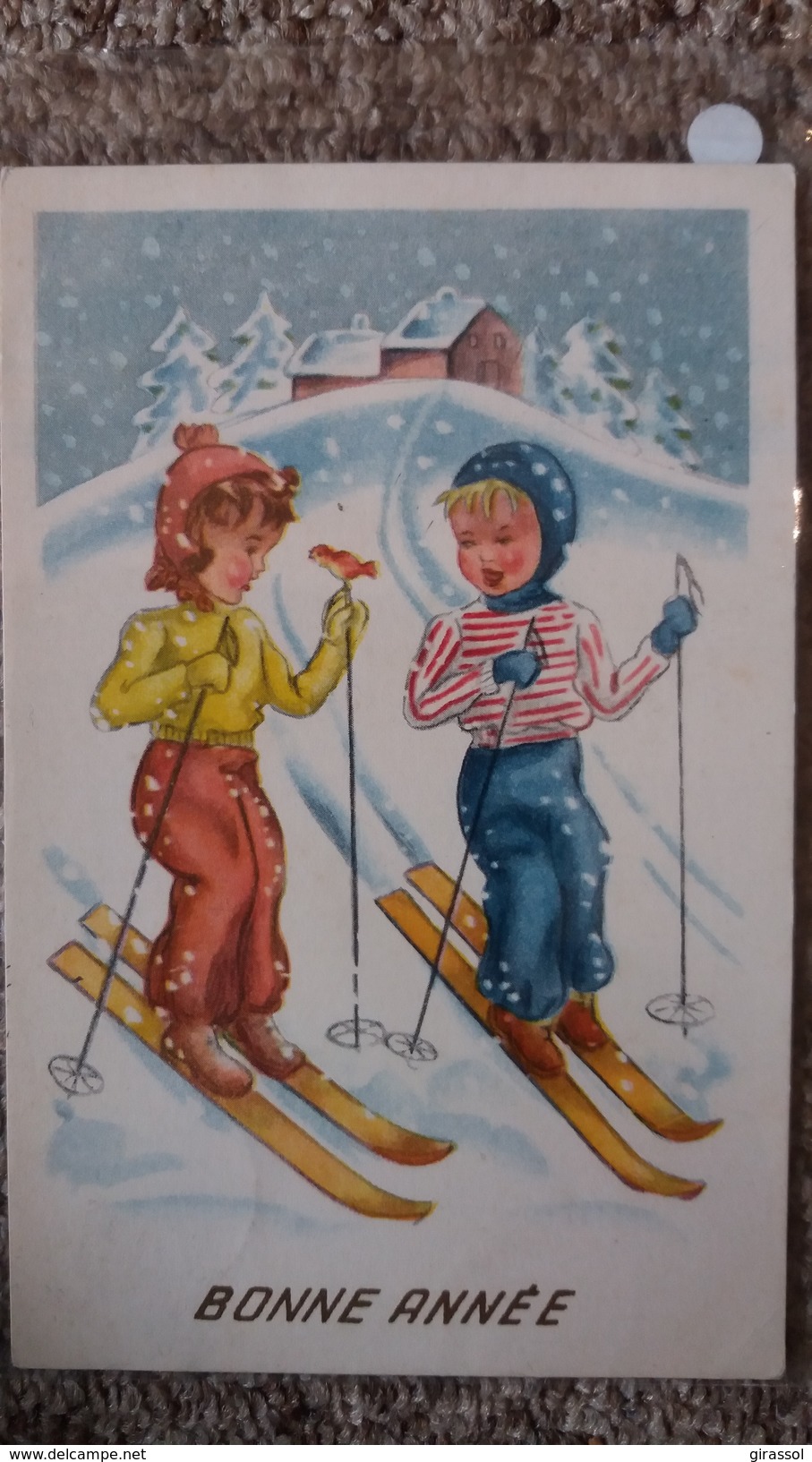 CPSM JEUNE GARCON ENFANT FILLE FILLETTE SKI SKIEURS BONNE ANNEE - Dessins D'enfants