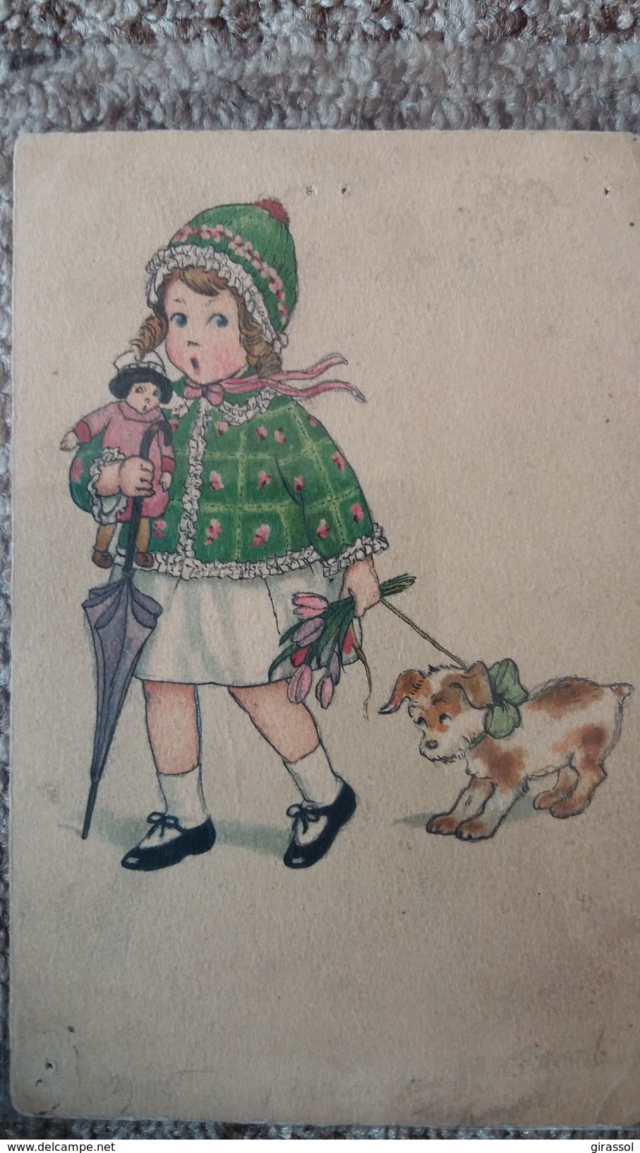 CPSM JEUNE FILLE FILLETTE A LA POUPEE BOUQUET PETIT CHIEN - Dibujos De Niños