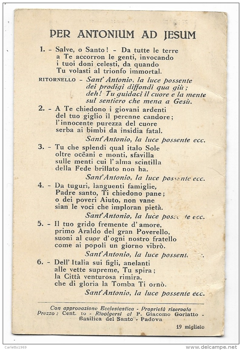 S.ANTONIO INNO PREGHIERA CARTOLINA POSTALE ANNI 30 NV FP - Santi