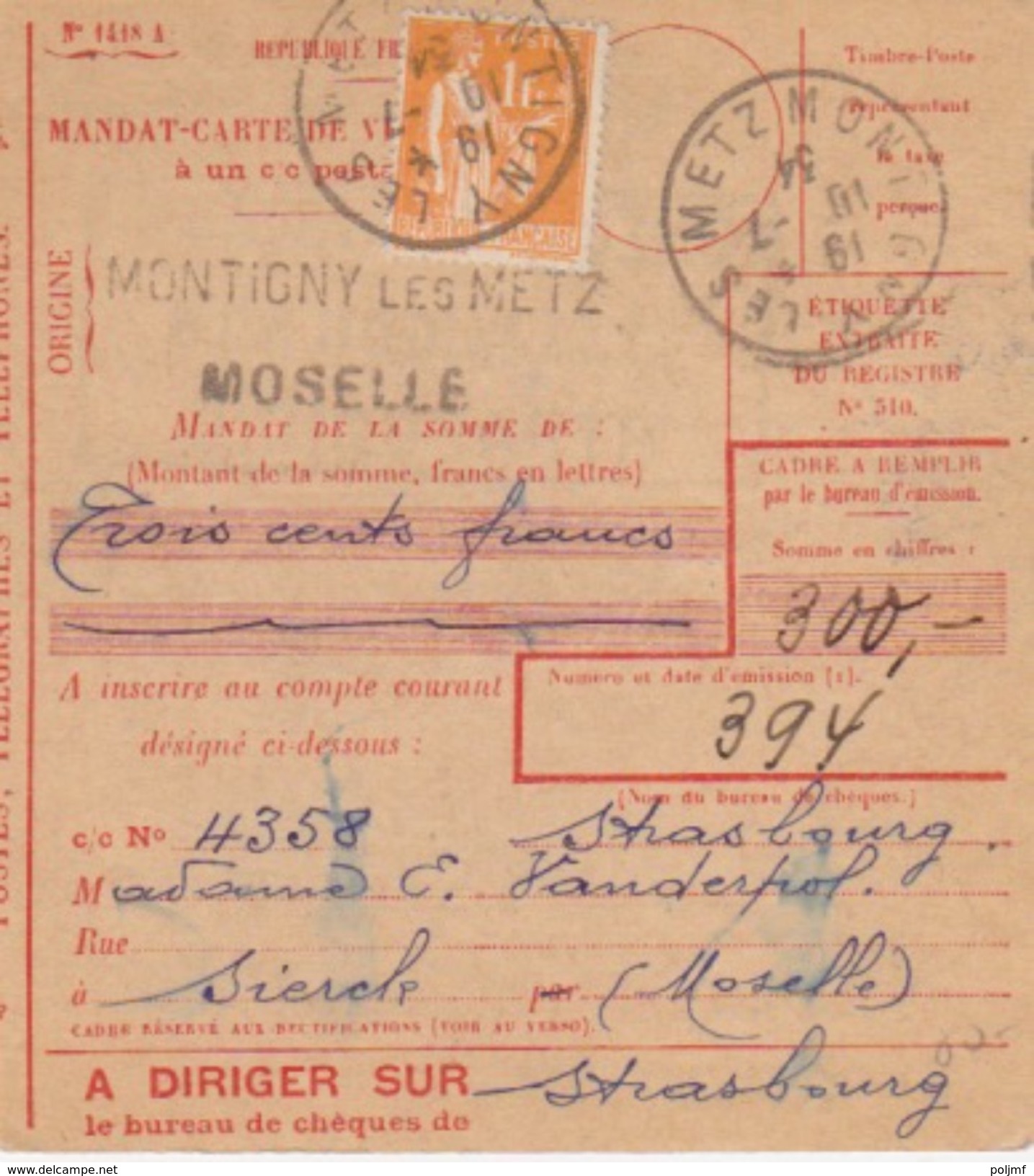 Mandat-carte (1418 A) Obl. Montigny Les Metz 10/07/34 Sur N° 286 (1F Orange Type Paix) Pour Sierck - Otros & Sin Clasificación