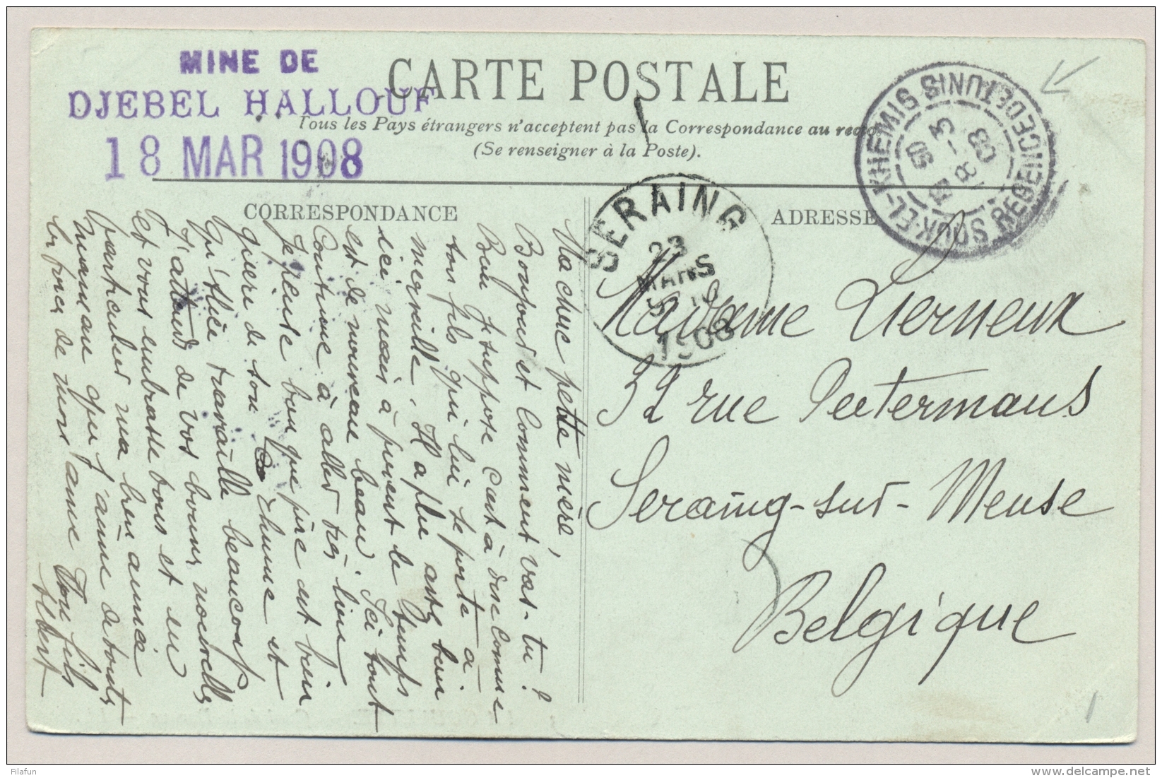 Tunesie - 1908 - 2x 5 Cent Stamp On Postcard From Souk-El Khemis To Seraing / België - Brieven En Documenten