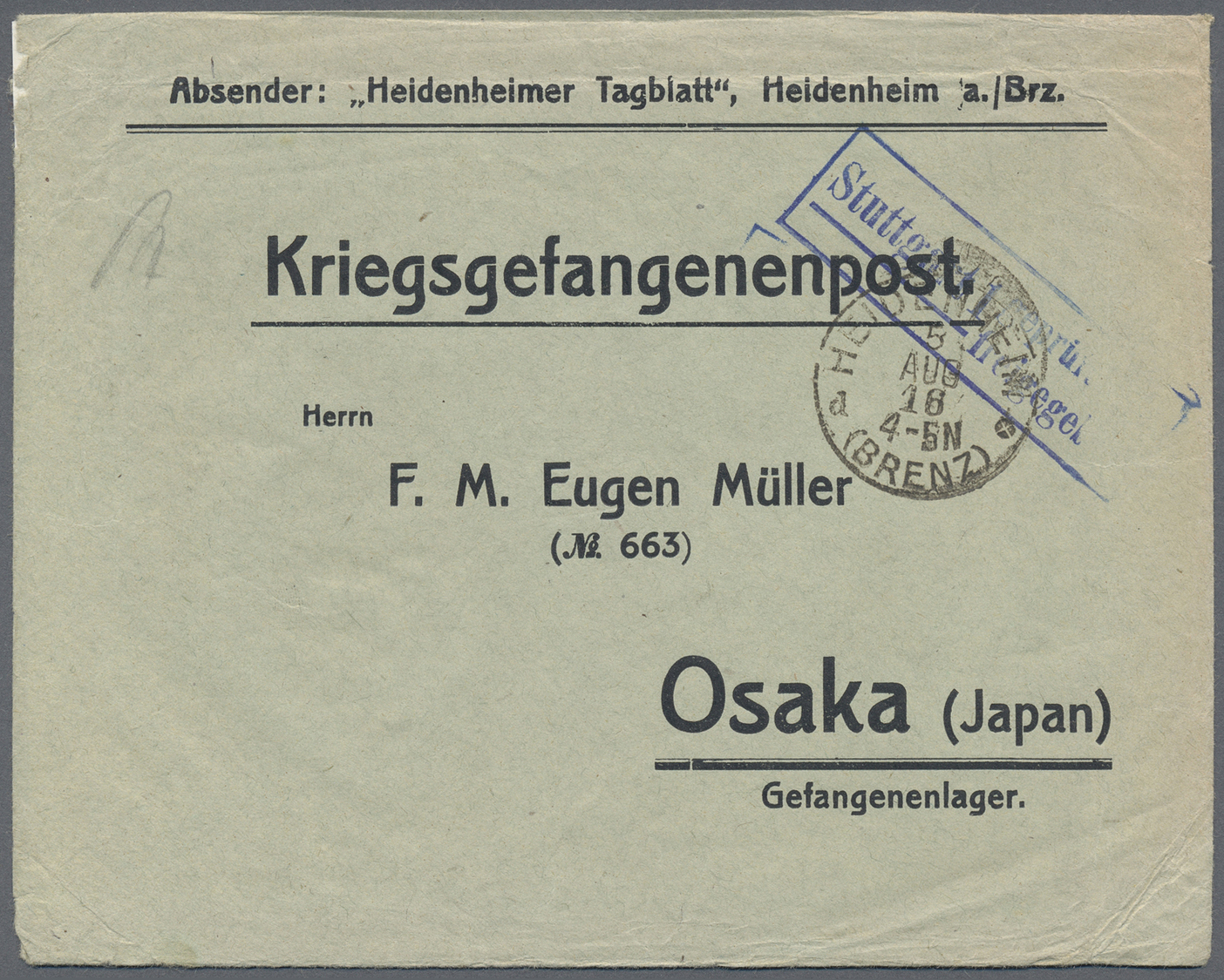 Br/ Lagerpost Tsingtau: Osaka, 1916, nine items: money letter inbound from DAB "Sannomiya 5.6.16" w. on
