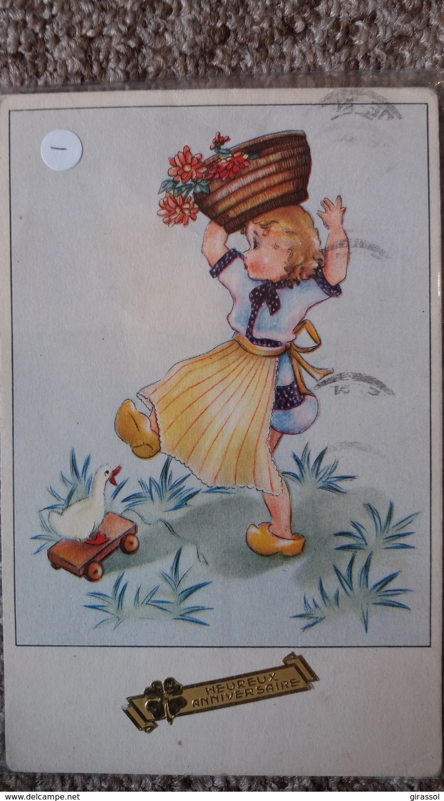 CPSM JEUNE FILLE PORTANT PANIER DE FLEUR OIE OISON - Dessins D'enfants