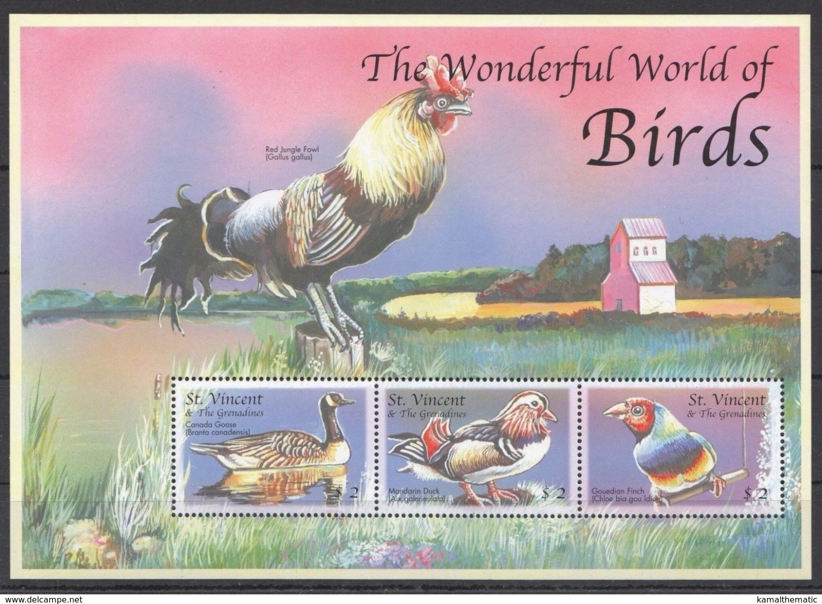 St. Vincent 2000 MNH SS, Birds, Canada Goose, Mandarin Duck, Gouldian Finch - Entenvögel