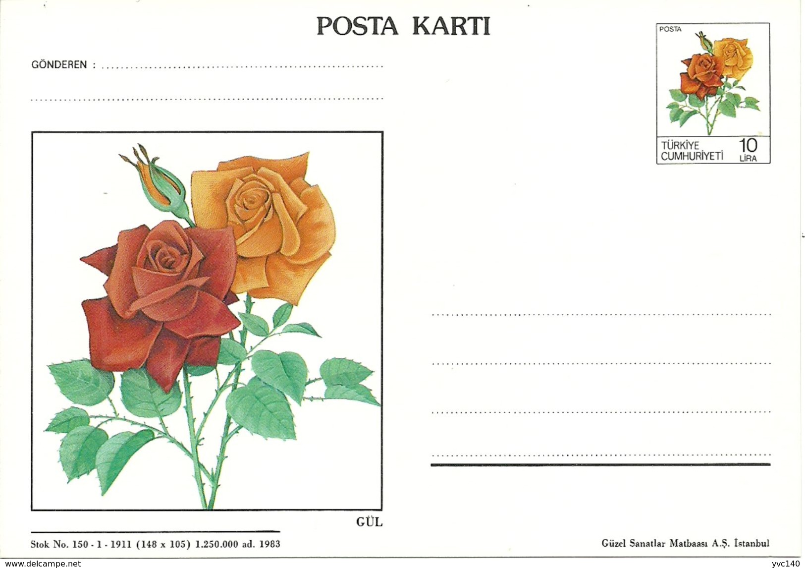 Turkey; 1983 Postal Stationery With Theme Of Rose - Entiers Postaux