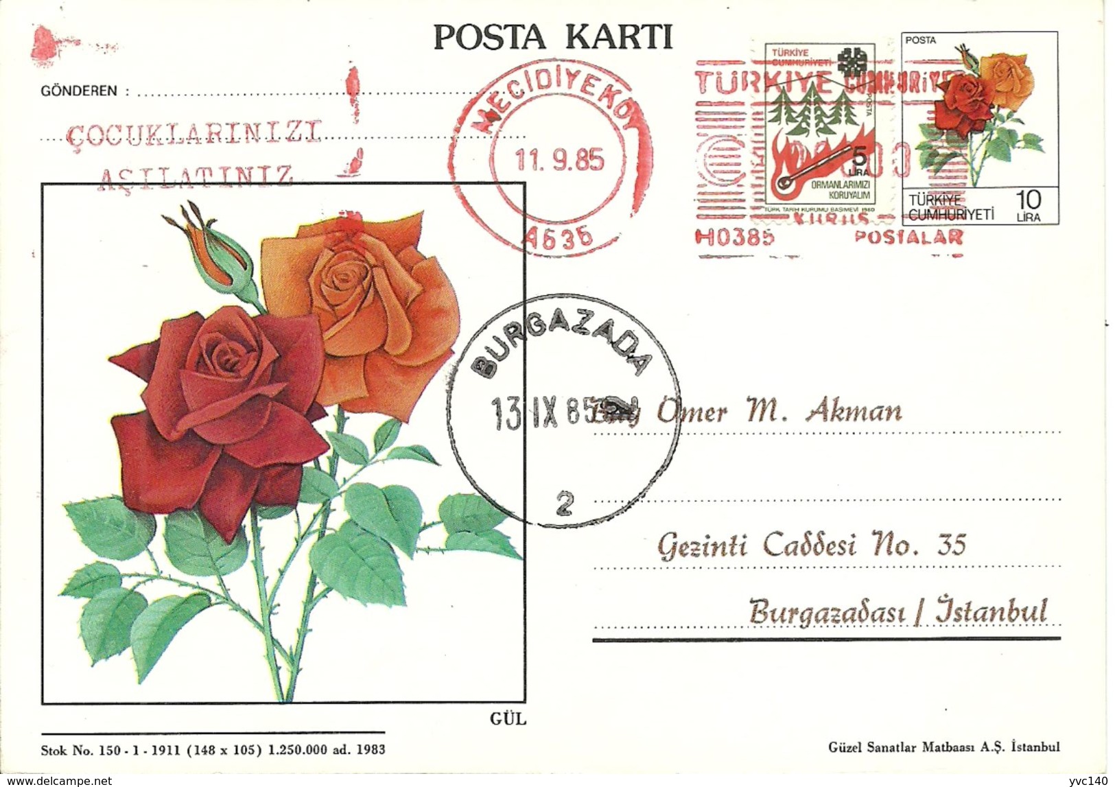 Turkey; 1983 Postal Stationery With Theme Of Rose - Enteros Postales