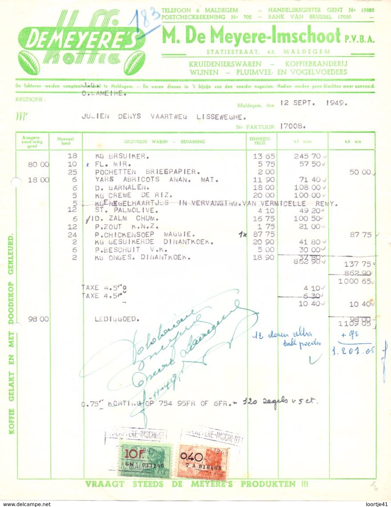 Factuur Facture - Voeding De Meyere - Imschoot - Maldegem 1949 - Food