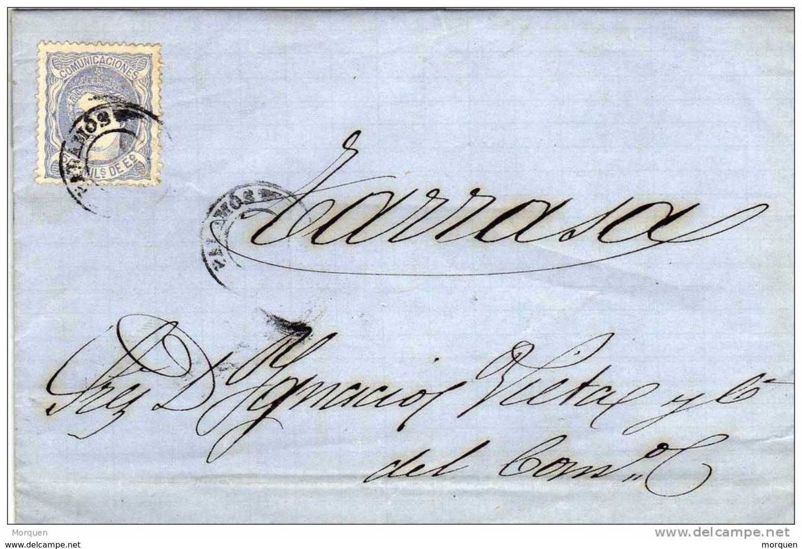 24536. Carta Entera SAN JUAN De PALAMOS (Gerona) 1870 A Tarrasa. Fechador Mudo - Briefe U. Dokumente