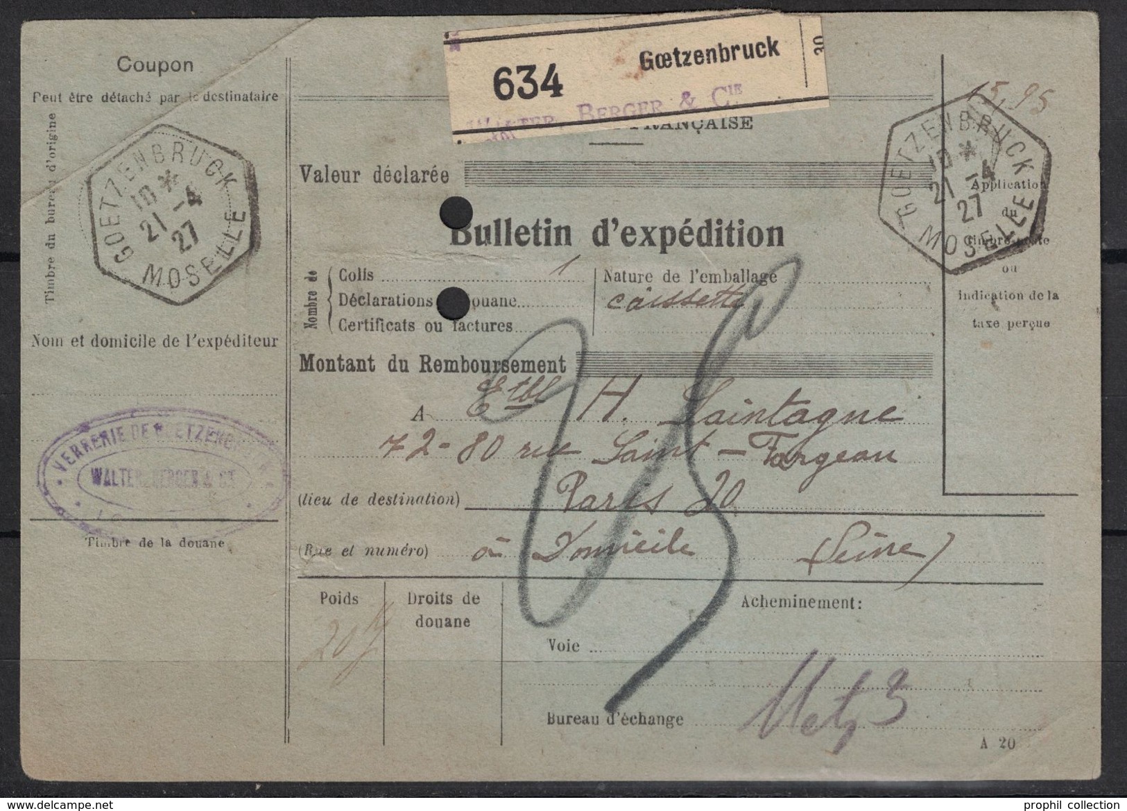 1927 COLIS POSTAUX BULLETIN EXPEDITION Alsace Lorraine GOETZENBRUCK MOSELLE FISCAL MERSON PAGNY CHEMIN FER EST AMBULANT - Covers & Documents