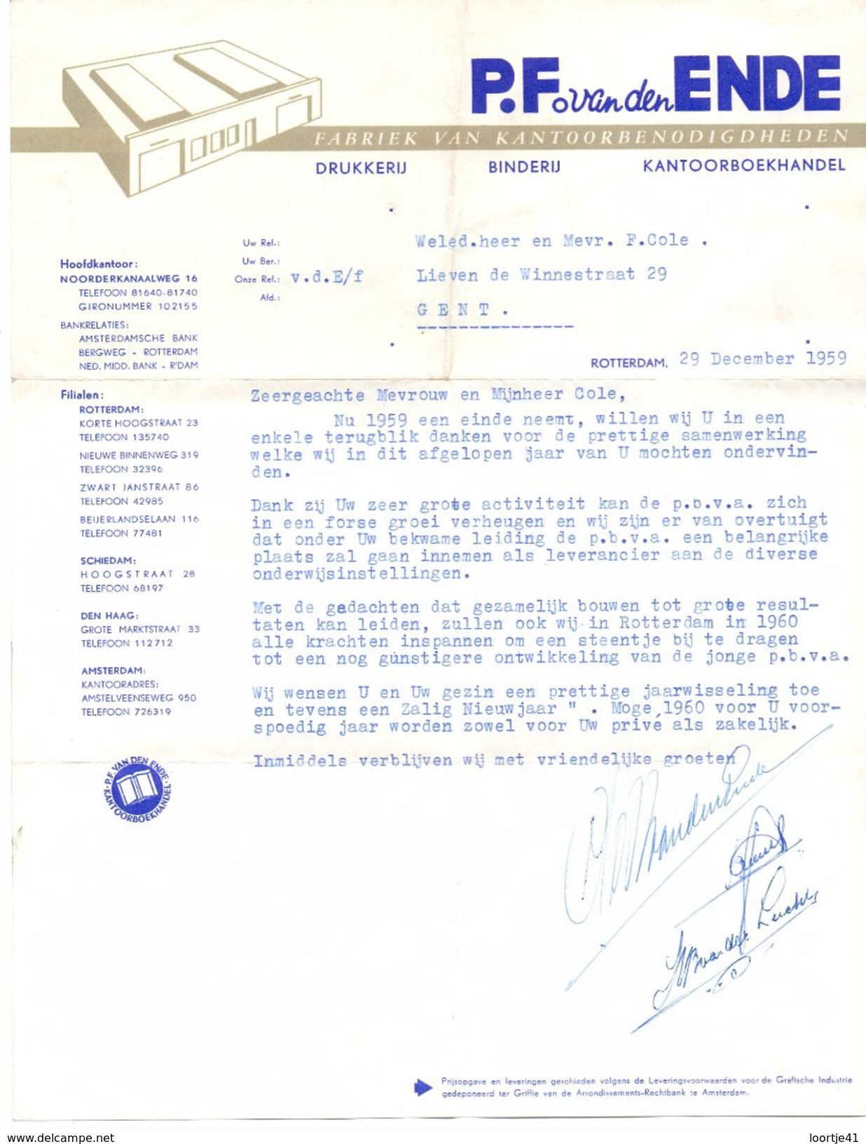Factuur Facture - Brief Nota Drukkerij P.F. Van Den Ende - Rotterdam 1959 - Pays-Bas