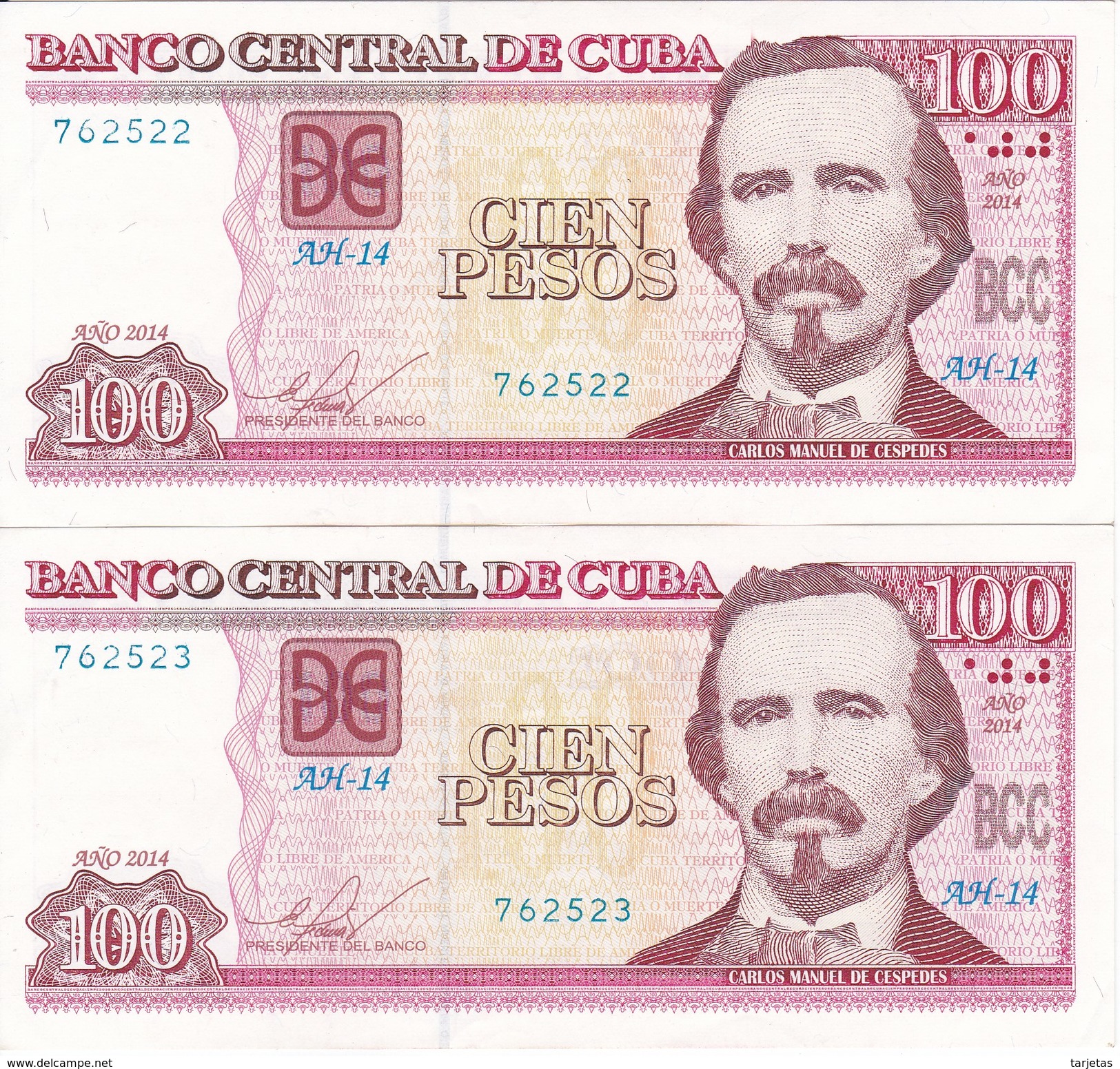 PAREJA CORRELATIVA DE CUBA DE 100 PESOS DEL AÑO 2014 DE CARLOS MANUEL DE CESPEDES EN CALIDAD EBC (XF) (BANKNOTE) - Cuba