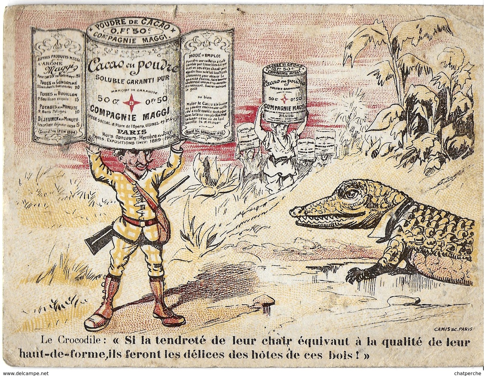 CHROMO  IMAGE PUBLICITAIRE CACAO MAGGI  CROCODILE CHASSEUR - Autres & Non Classés