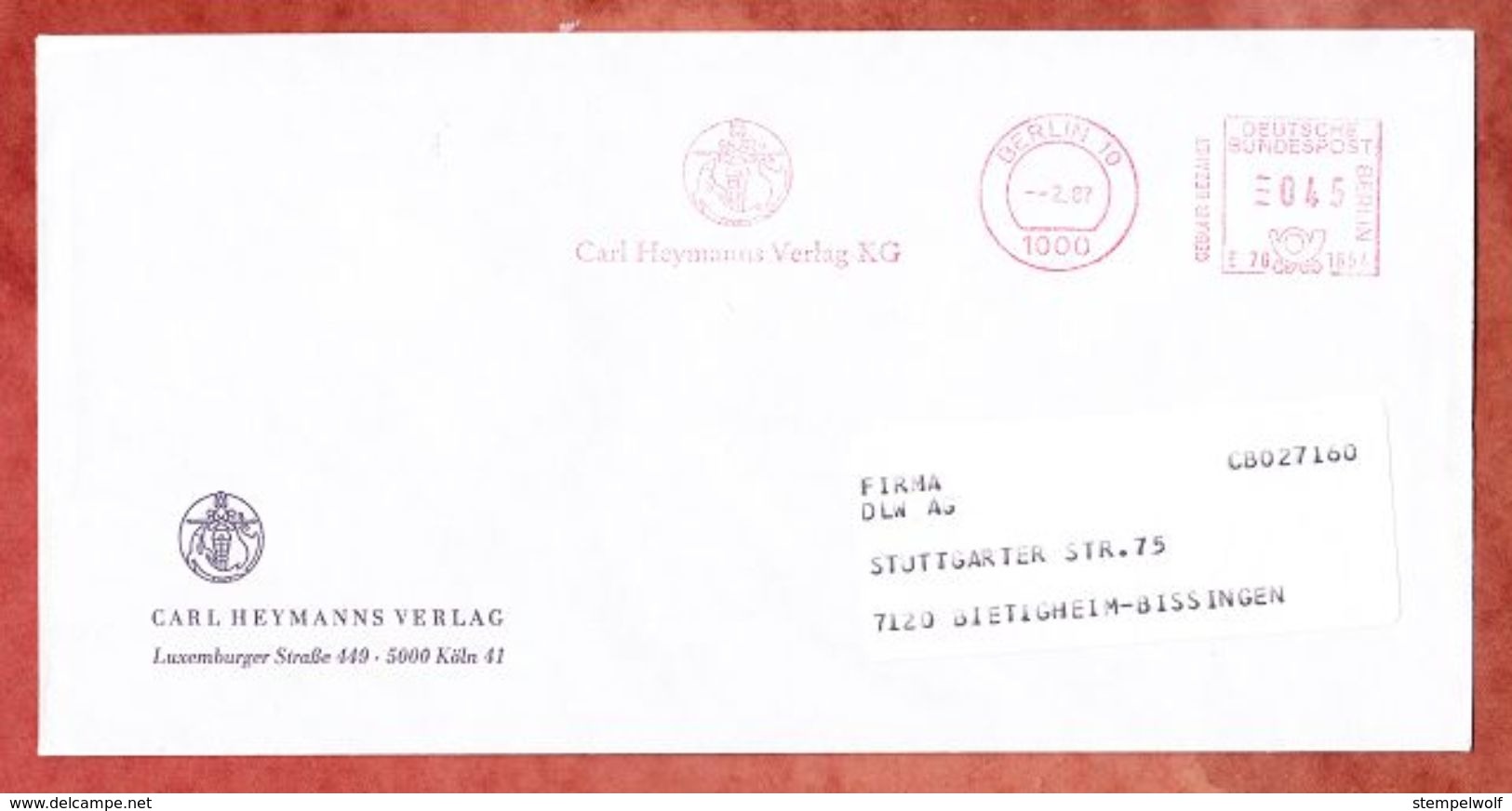 Infopost, Pitney Bowes E70-1654, Heymanns Verlag, 45 Pfg, Berlin 1987 (42471) - Machines à Affranchir (EMA)