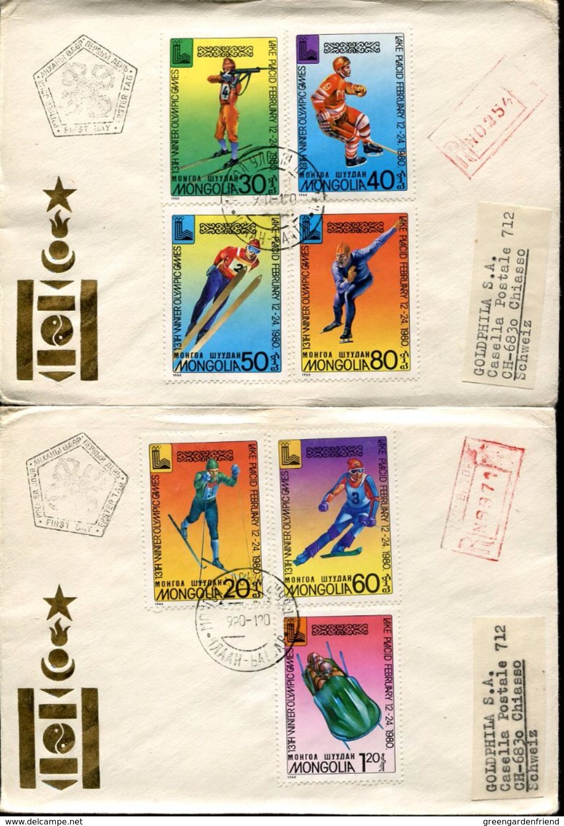 27458 Mongolia, 2 Fdc 1980 Olympiade Of Lake Placid,eishockey,shooting,bob,slalom Etc.circuled !! - Invierno