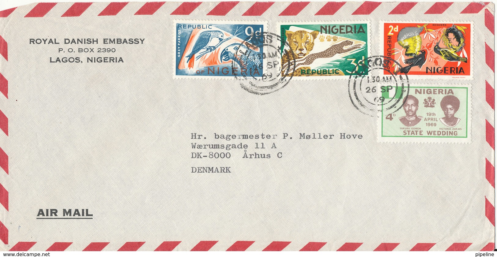 Nigeria Air Mail Cover Sent To Denmark Lagos 26-9-1969 - Nigeria (1961-...)