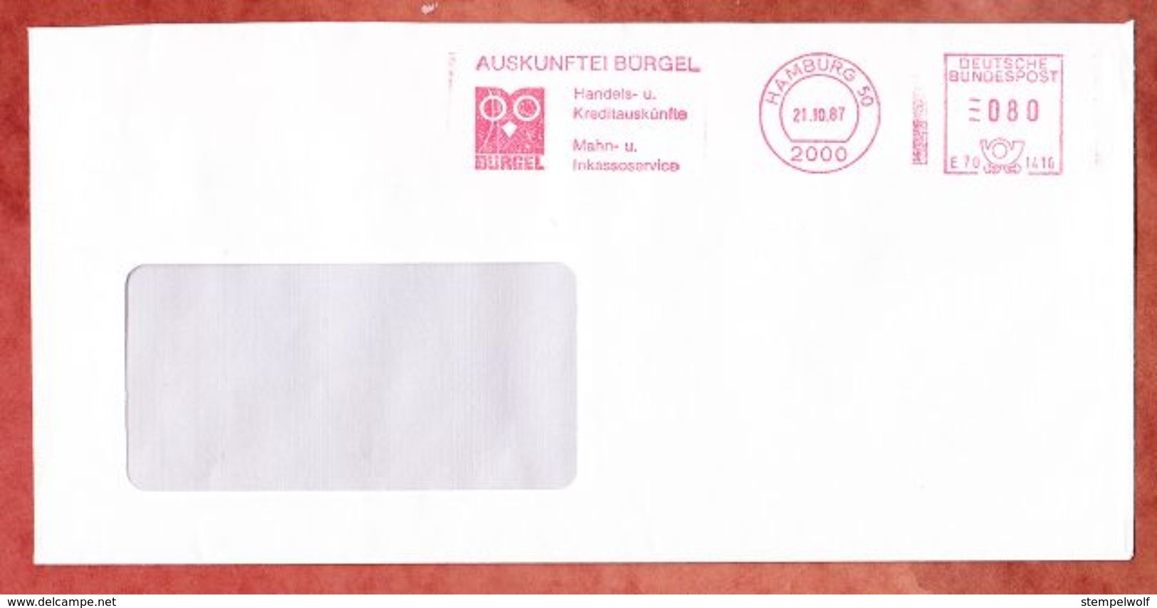 Brief, Pitney Bowes E70-1416, Stilisierte Eule, Auskunftei Buergel, 80 Pfg, Hamburg 1987 (42475) - Machines à Affranchir (EMA)