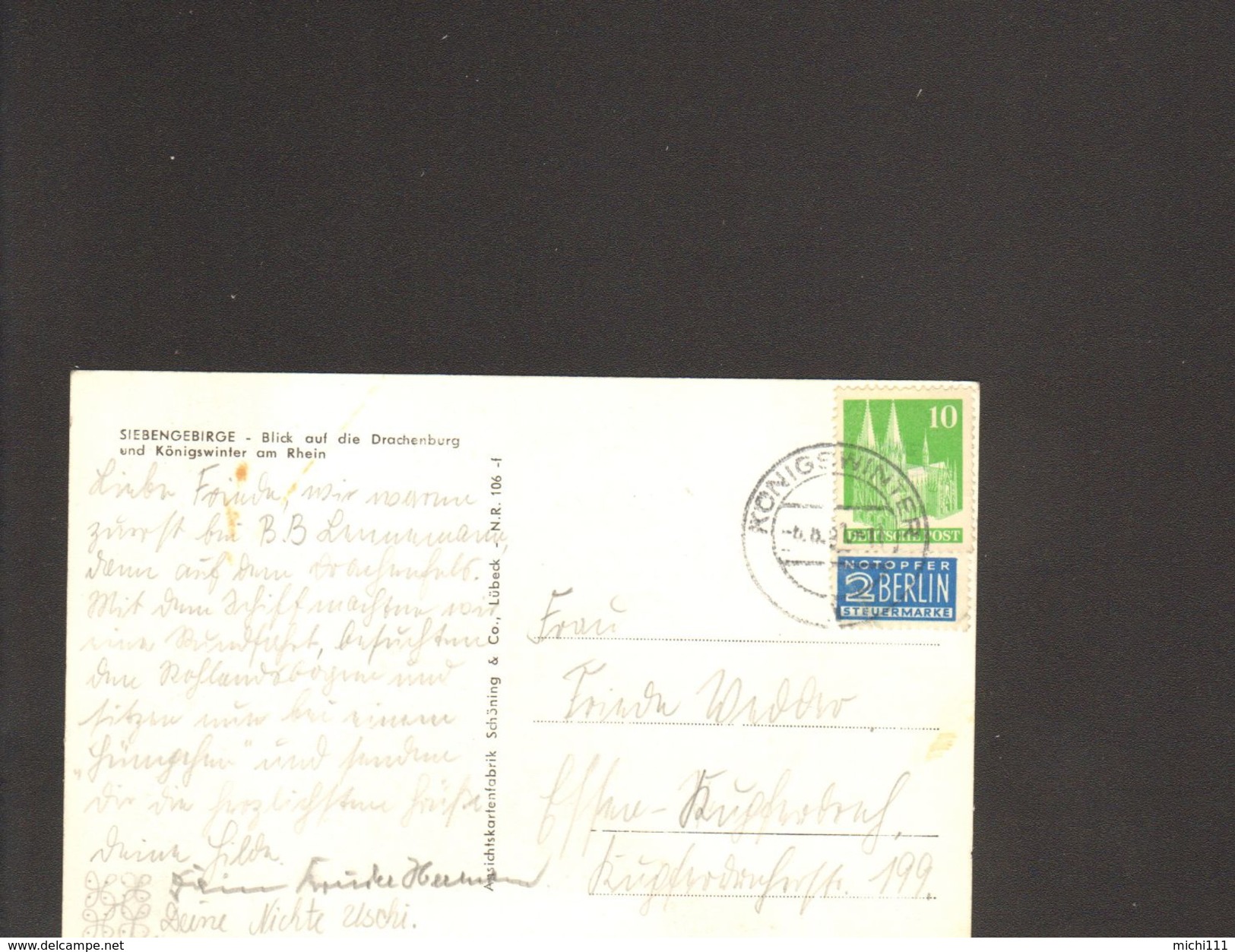 Ansichtskarte V.Königswinter, Drachenburg Gestempelt 1951 Mit Bauten 10 Pfg.Briefmarke U.Notopfermarke - Königswinter
