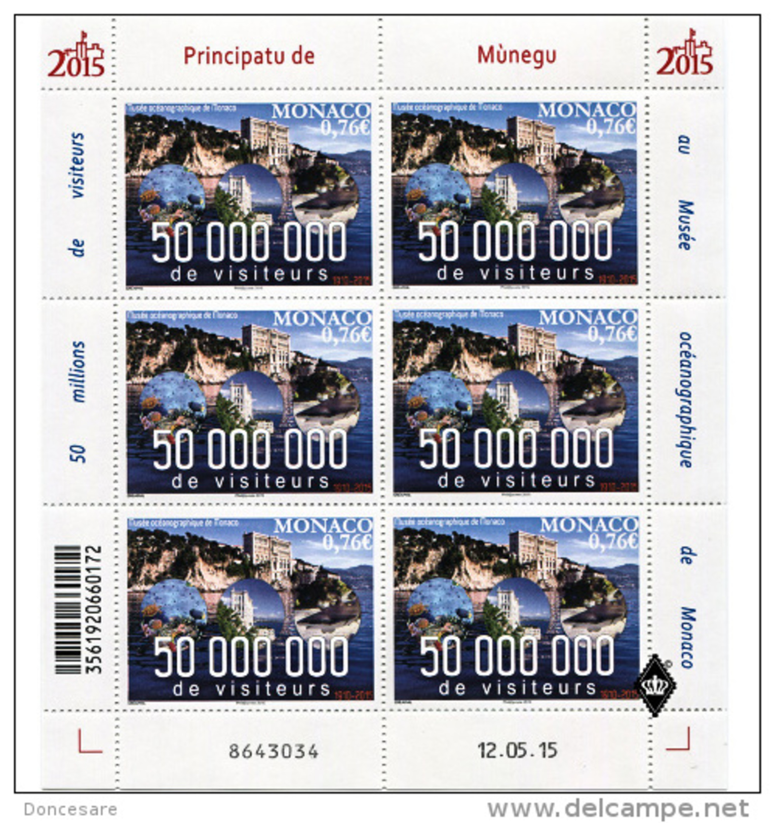 MONACO 2015 Y.T. N° 2990 /(50 MILLIONS DE VISITEURS AU MUSÉE OCÉANOGRAPHIQUE DE MONACO) Feuille De 6 Timbres Neuf ** - Blocks & Sheetlets