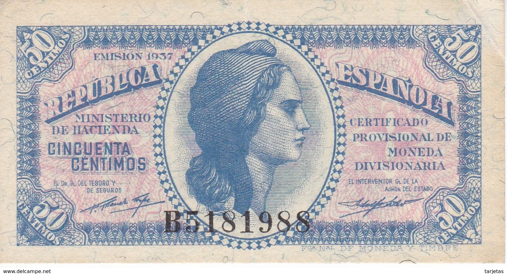 BILLETE DE ESPAÑA DE 50 CTS DEL AÑO 1937 EBC LETRA B  (BANKNOTE) - Otros & Sin Clasificación