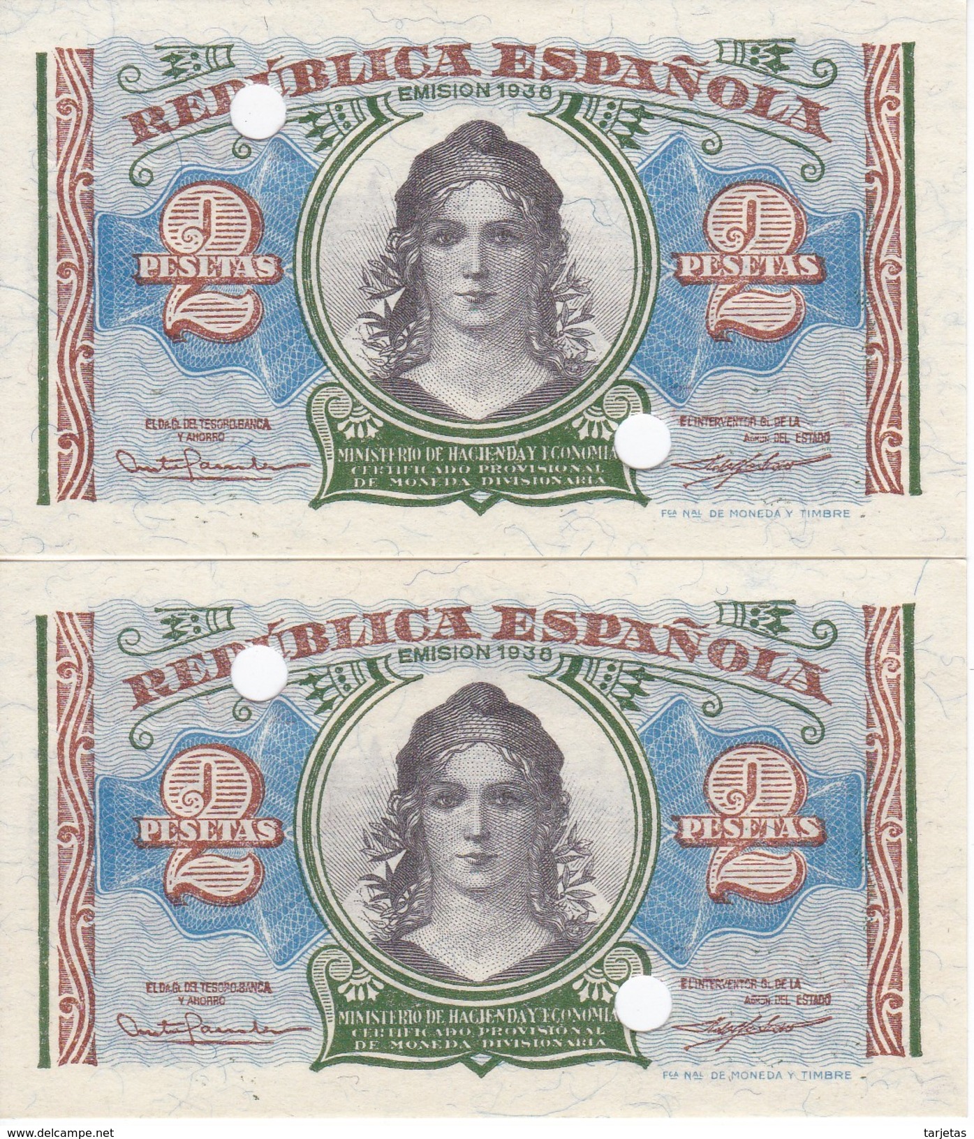 PAREJA CORRELATIVA DE 2 PTAS DEL AÑO 1938 SERIE A SIN CIRCULAR-PLANCHA-UNCIRCULATED INUTILIZADOS-PERFORADOS - 1-2 Pesetas