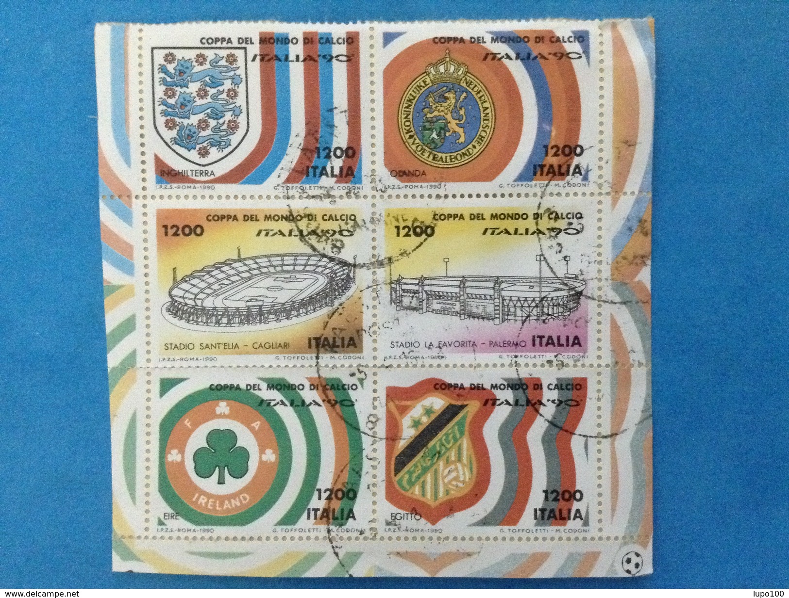 1990 ITALIA BLOCCO USATO DA 6 FRANCOBOLLI BLOCK USED MONDIALI CALCIO DA 1200 LIRE - Blocchi & Foglietti