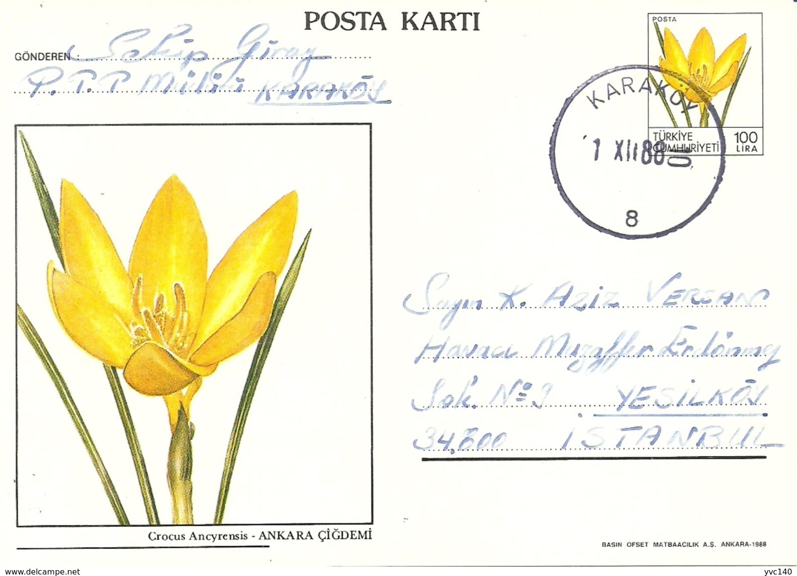 Turkey; 1988 Postal Stationery "Crocus Ancyrensis" - Postwaardestukken