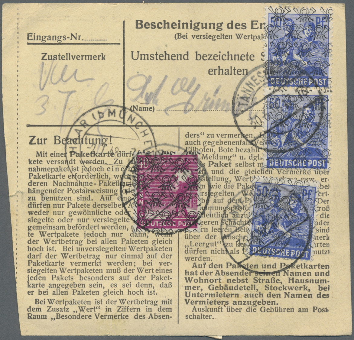 Br Bizone: 1948/52, Paketkartenposten Bauten I mit über 1000 Paketkarten, dabei viele seltene EF, MeF,