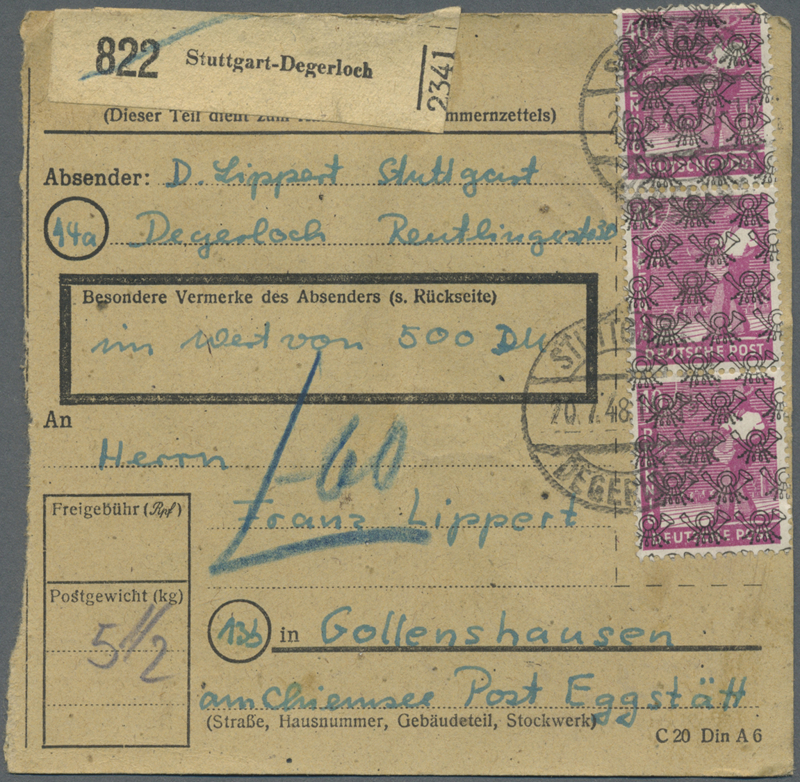 Br Bizone: 1948/52, Paketkartenposten Bauten I mit über 1000 Paketkarten, dabei viele seltene EF, MeF,