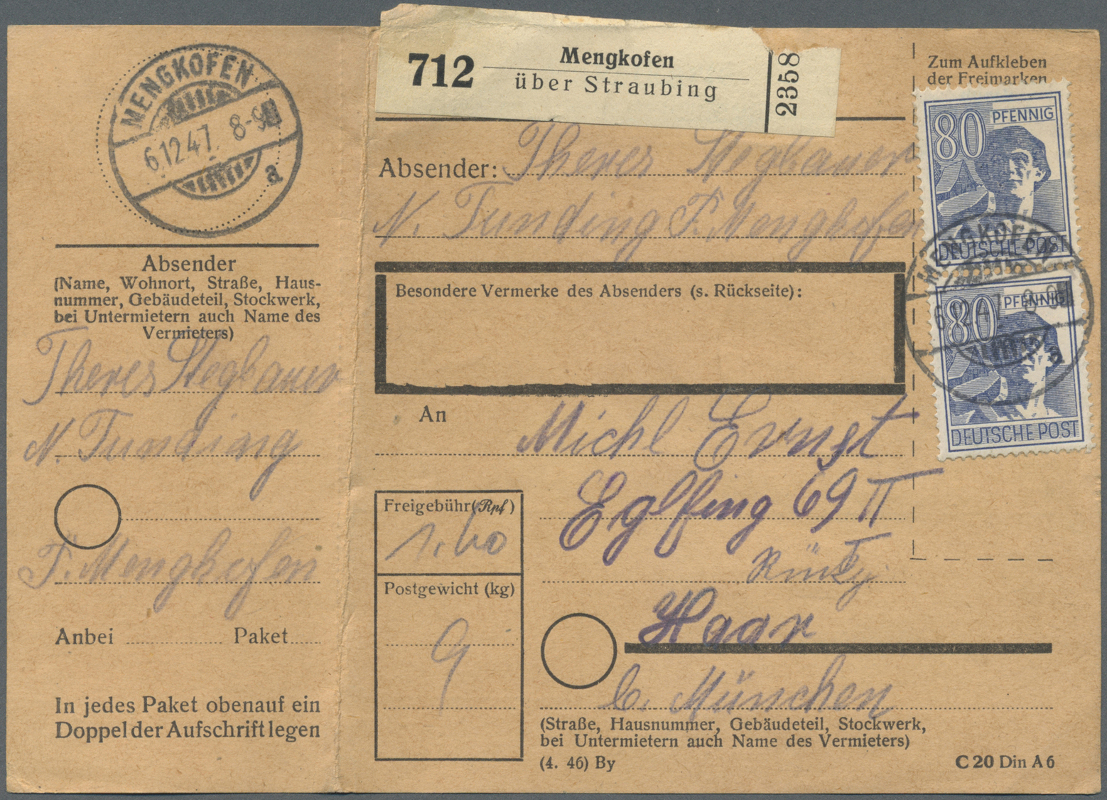 Br Bizone: 1948/52, Paketkartenposten Bauten I mit über 1000 Paketkarten, dabei viele seltene EF, MeF,
