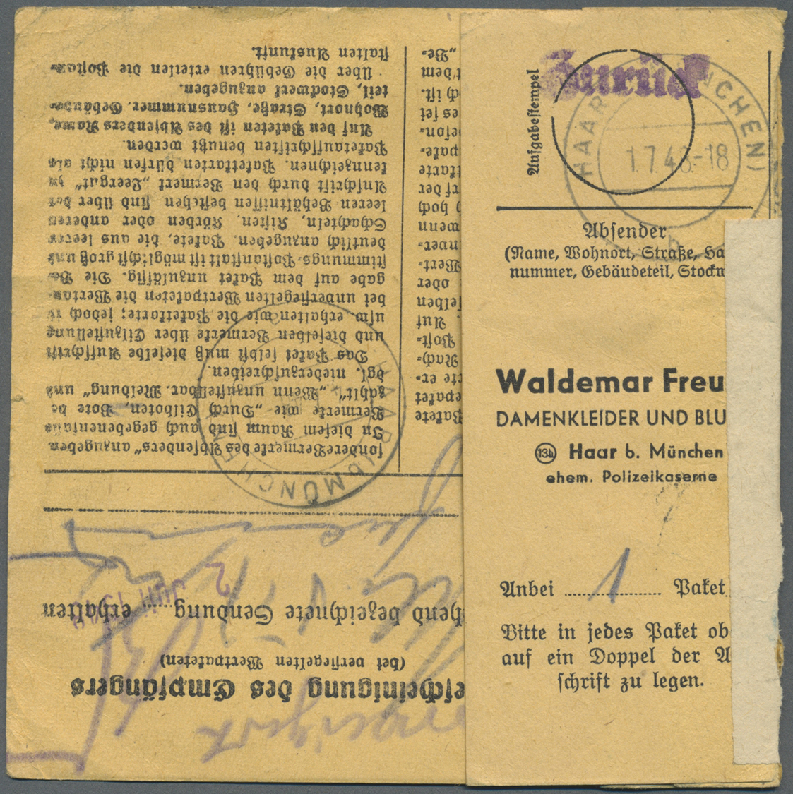 Br Bizone: 1948/52, Paketkartenposten Bauten I mit über 1100 Paketkarten, dabei viele seltene EF, MeF u