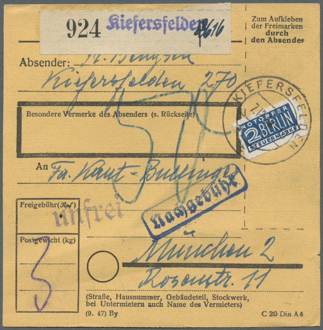 Br Bizone: 1948/52, Paketkartenposten Bauten I mit über 1100 Paketkarten, dabei viele seltene EF, MeF u