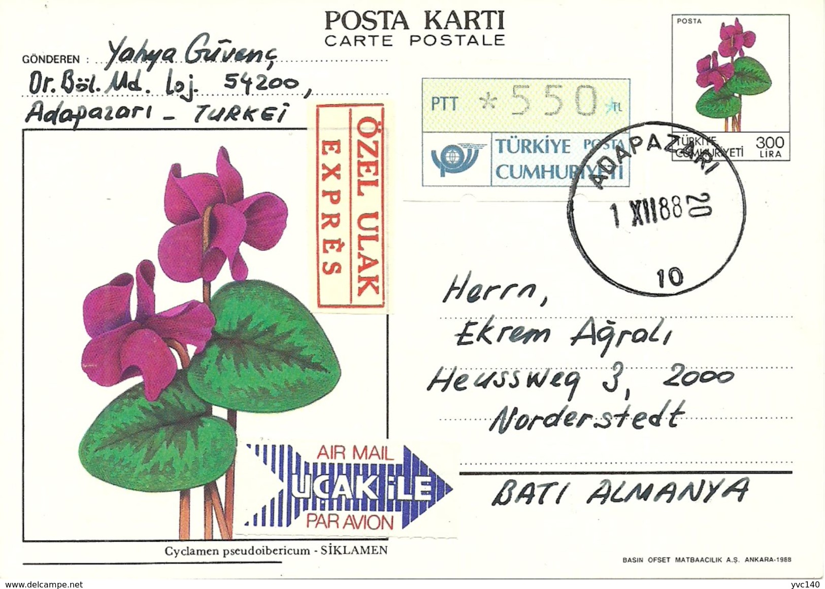 Turkey ; 1988 Postal Stationery - Entiers Postaux