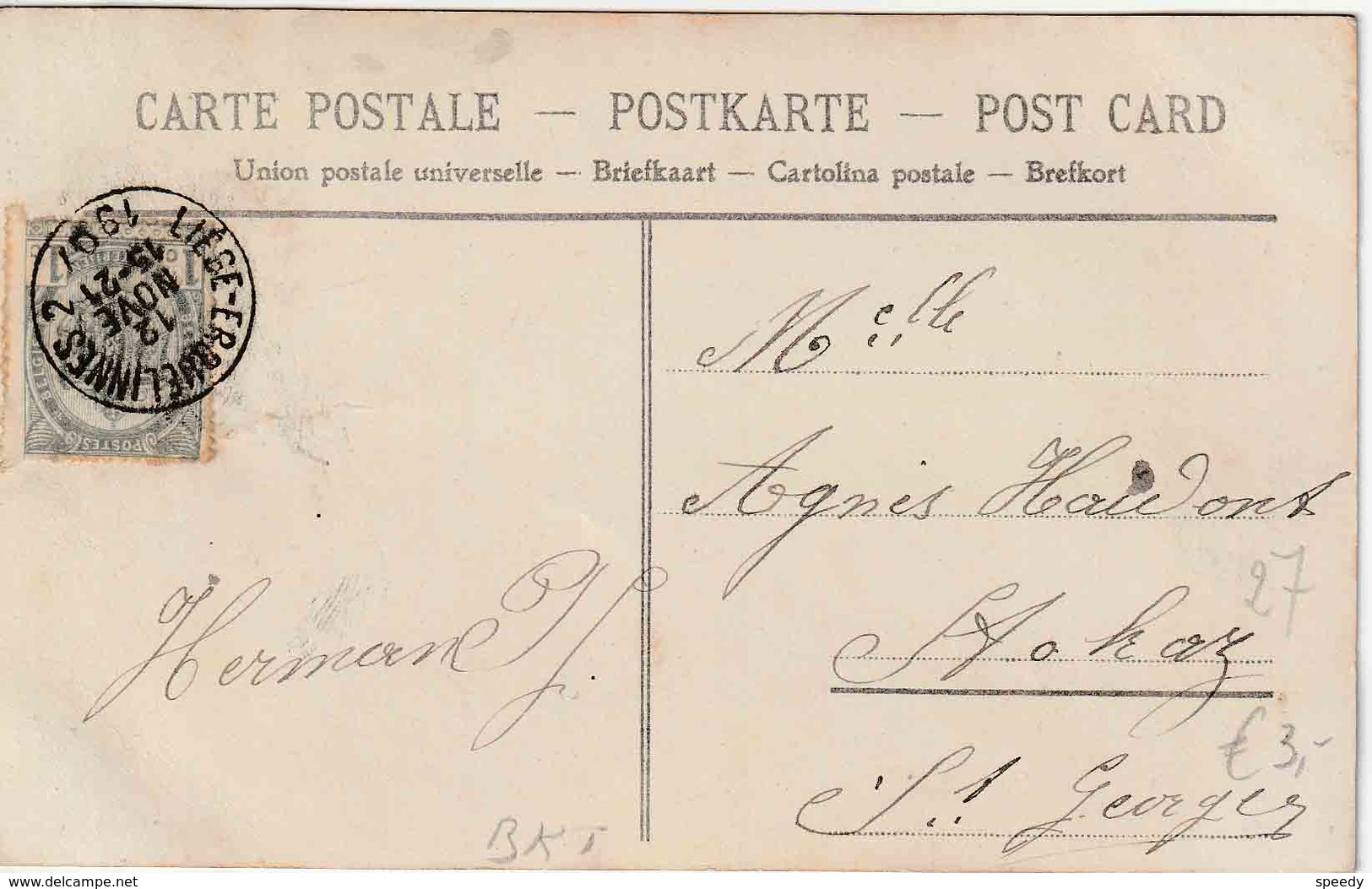 BELGIË : AMBULANT / TREINPOST / BAHNPOST "LIEGE - ERQUELINNES  2 / 12 NOVE  15-21  1907" - Ambulante Stempels