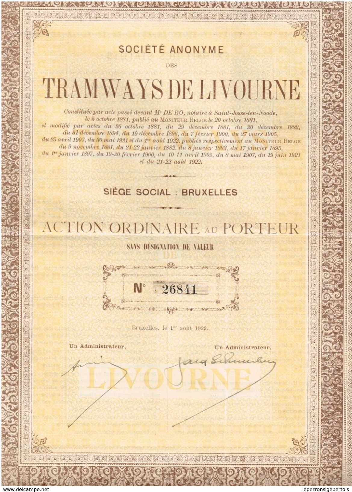 Action Ancienne - Sté Anonyme Des Tramways De Livourne - Titre De 1922 - - Chemin De Fer & Tramway