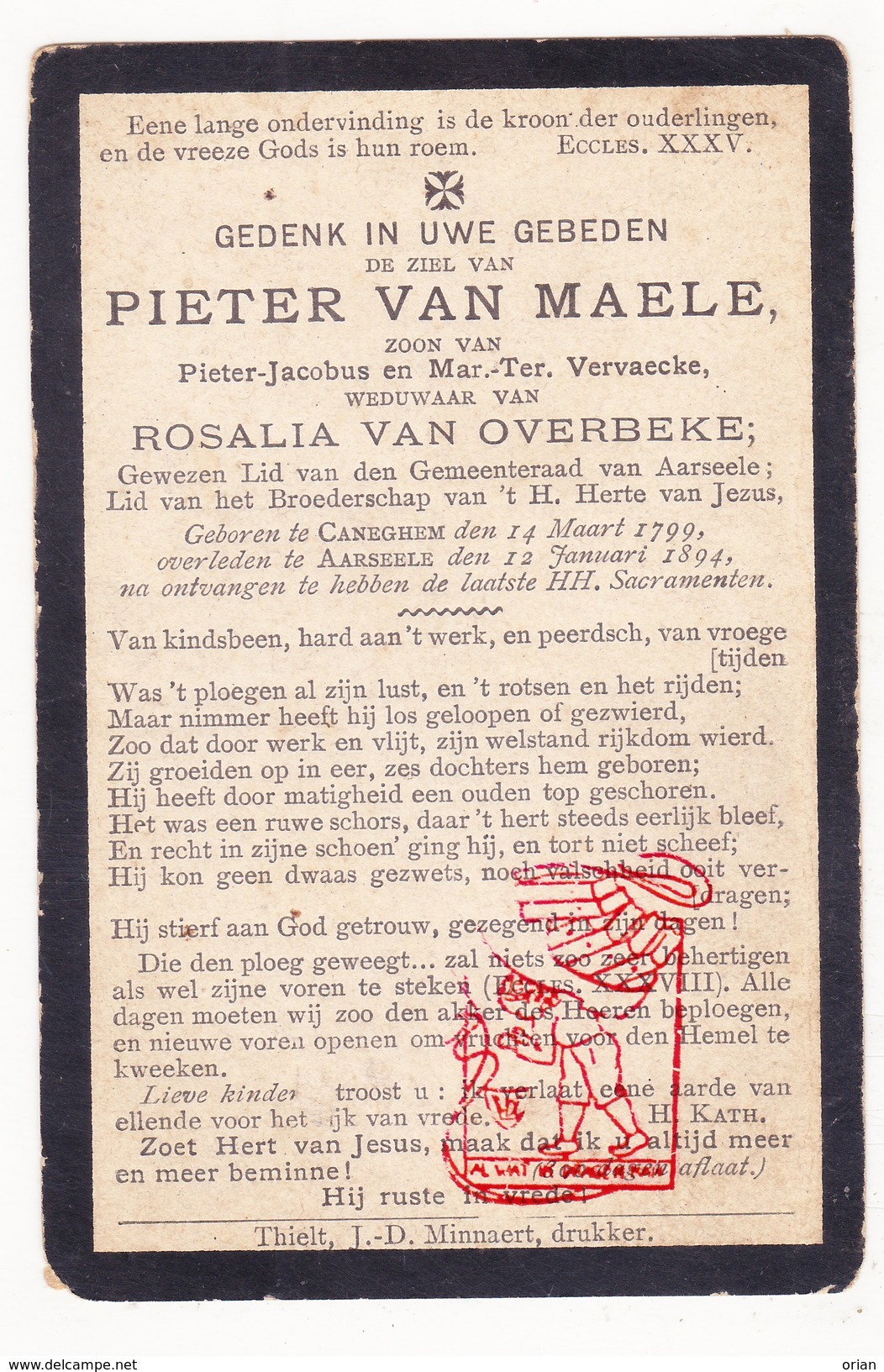 DP Pieter Jacobus Van Maele / Vervaecke ° Kanegem 1799 † Aarsele Tielt 1894 X R. Van Overbeke - Devotion Images