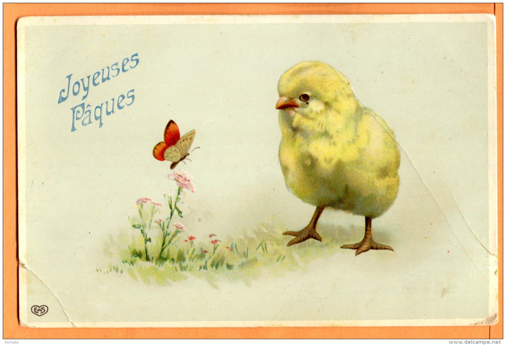 ALB388, Heureuses Pâques, Poussin, Papillon, Butterfly , EAS, Pli,  Circulée 1916 - Pâques