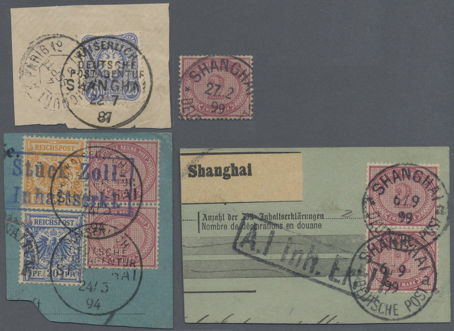 Brfst/O Deutsche Post In China - Mitläufer: 1887/1899, 4 Vorläufer : 20 Pfennig (V 42) Auf Briefstück Mit Kl - Chine (bureaux)