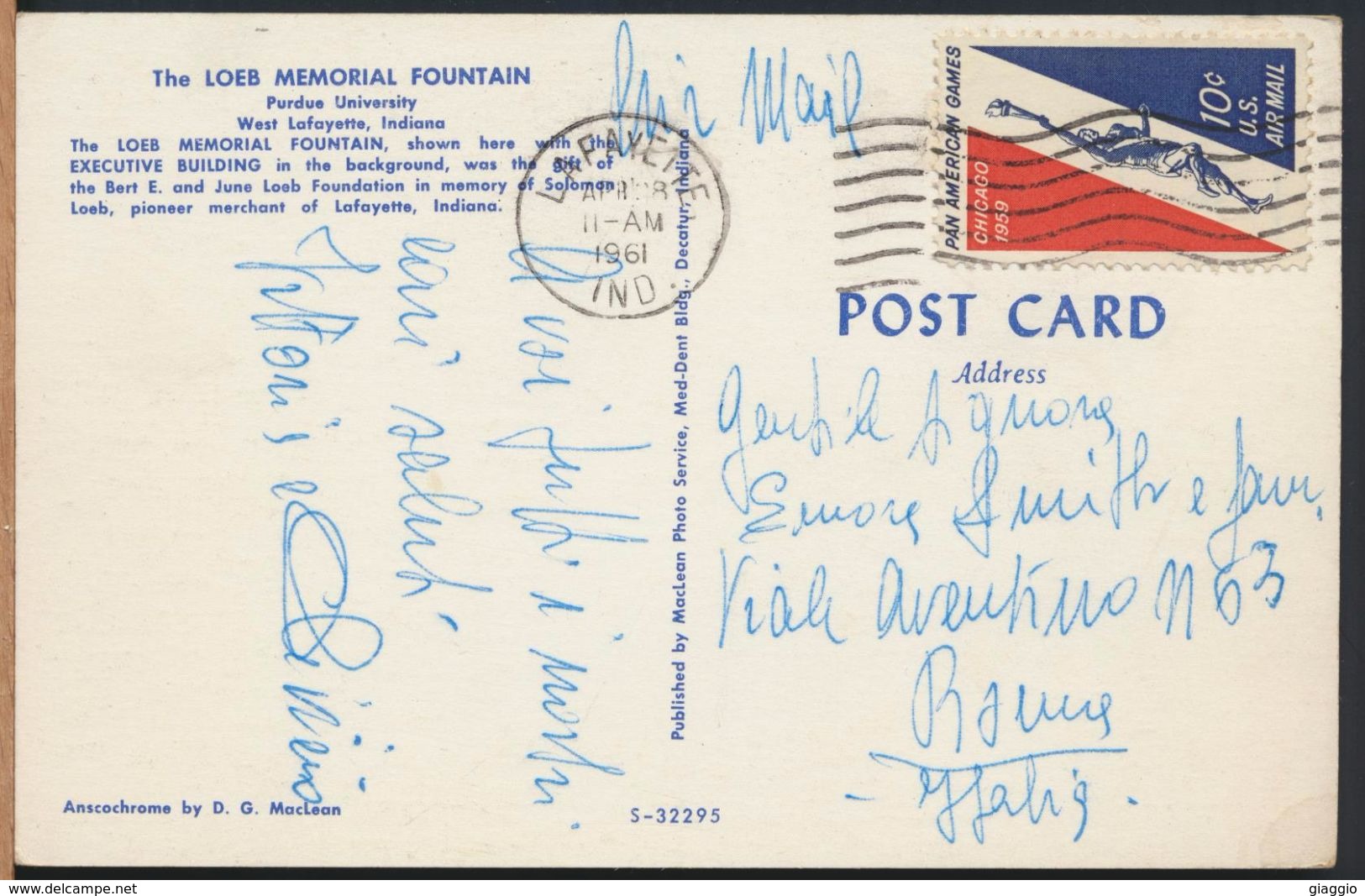 °°° 9287 - USA - IN - LAFAYETTE - THE LOEB MEMORIAL FOUNTAIN - 1961 With Stamps °°° - Lafayette