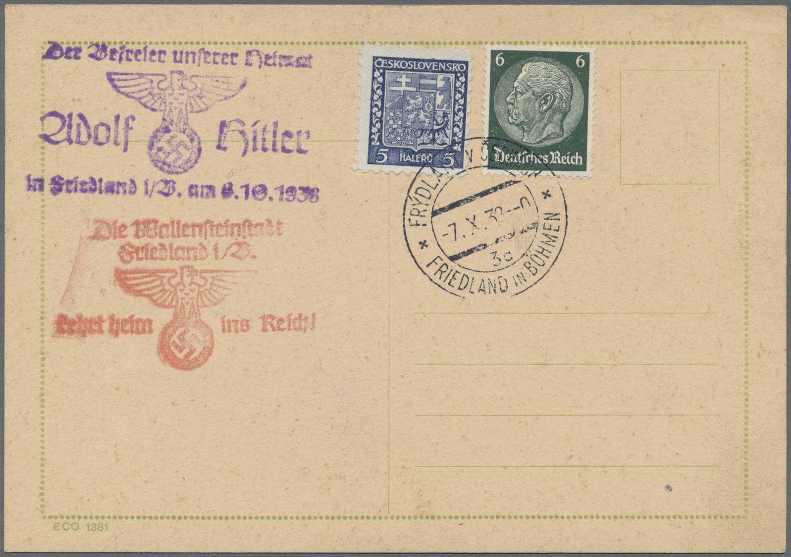Br Sudetenland: 1938, 7 Belege Von Friedland, 3x Reichenberg, Leipa, Freiwaldau Und Asch Mit Befreiungs - Sudetenland