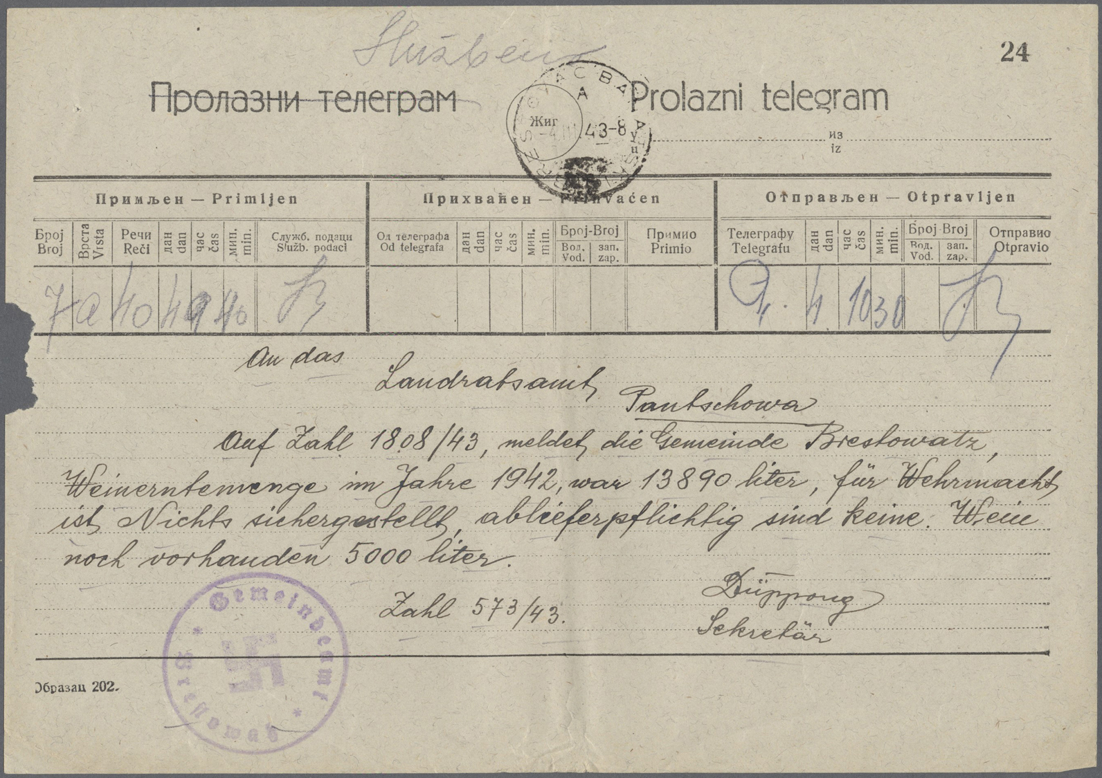 Br Dt. Besetzung II WK - Serbien: 1940/1944, Partie Von Schätzungsweise Ca. 250 TELEGRAMMEN Mit Interes - Bezetting 1938-45