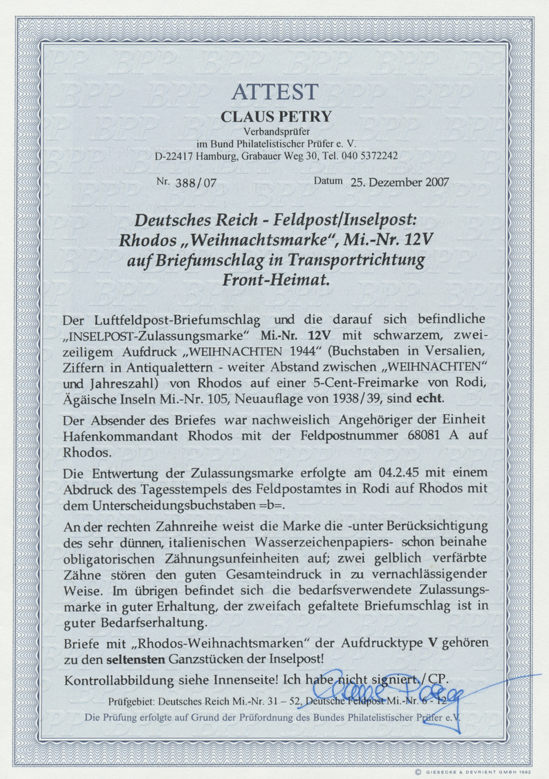 Br Feldpostmarken: Rhodos-Weihnachtsmarke Mit Aufdrucktype V Auf Briefumschlag Nach Chemnitz, Der Absen - Sonstige & Ohne Zuordnung