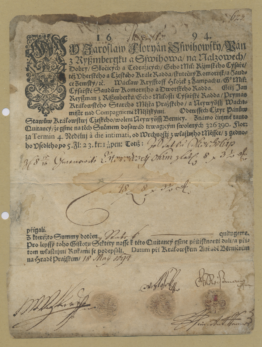 Varia (im Briefmarkenkatalog): 2 Urkunden / Quittungen Mit Siegel Und Unterschriften: 1694 - Quittun - Andere & Zonder Classificatie